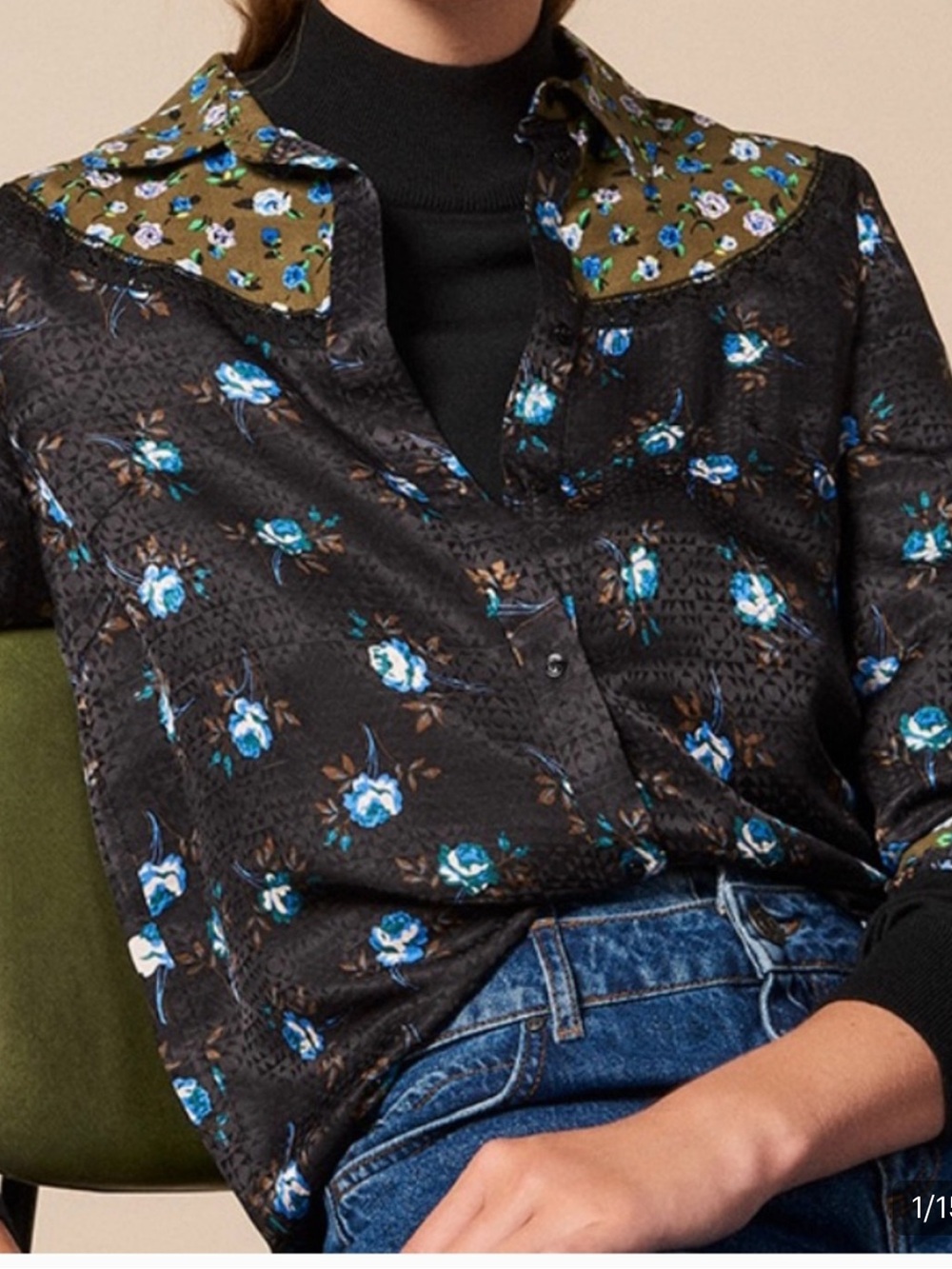 Sandro Black Floral Satin Blouse with Blue & Green Flower Motif size 2 US 6
